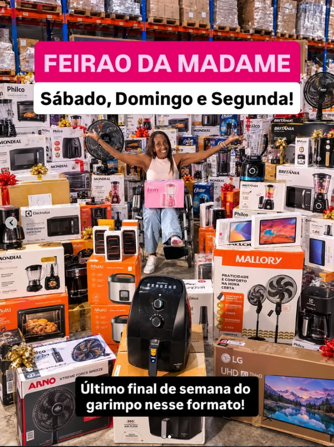 Feirão do Garimpo da Madame com diversos eletrodomésticos e produtos